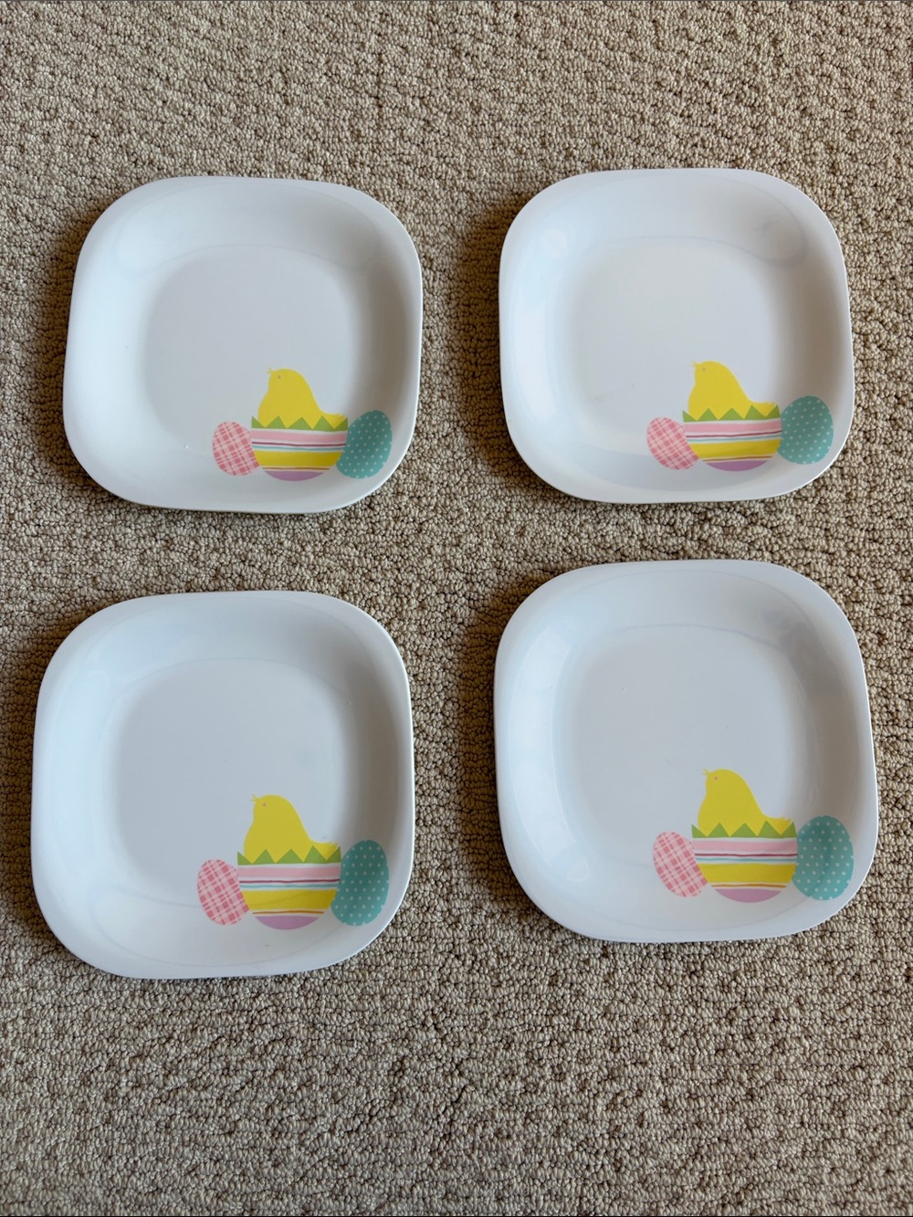 Set of 4 White Easter Theme Melamine Salad Dessert Plates with Pastel Accents